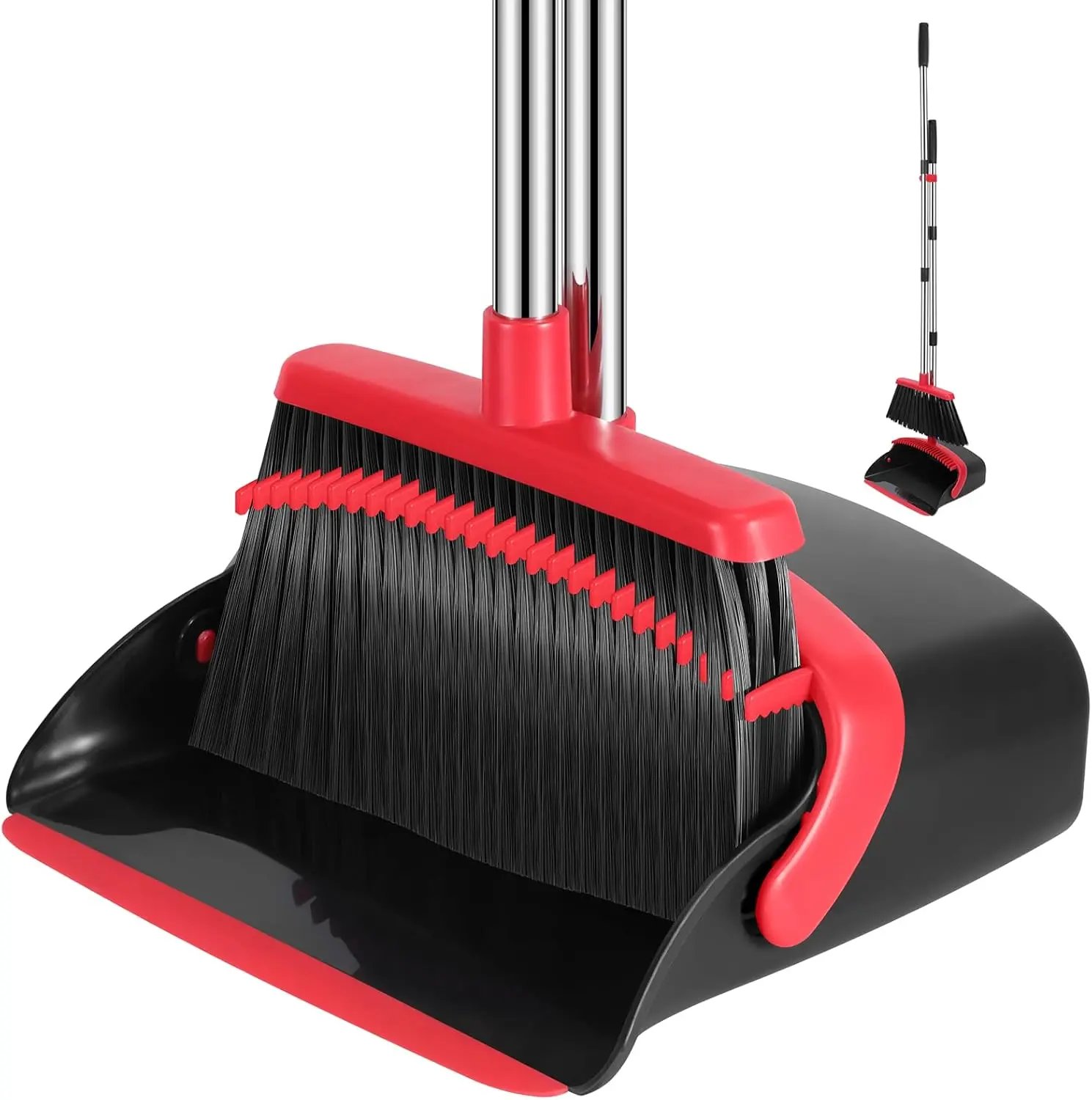 Broom and Dustpan Set with Long Handle, 52 Inch Upright Standing Broom & Dustpan Combo, Self-Cleaning Dustpan Teeth, Heavy Duty Indoor Outdoor Floor Cleaning Tool for Home, Kitchen, Office