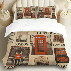 3PCS Duvet Cover Set, 1 Duvet+2 Pillowcases(Without filler), London Red Bus Telephone Box Guard theme, Christmas bedding set, Vintage UK Travel Icon Suitable for decoration bedroom hotel guestroom dormitory.