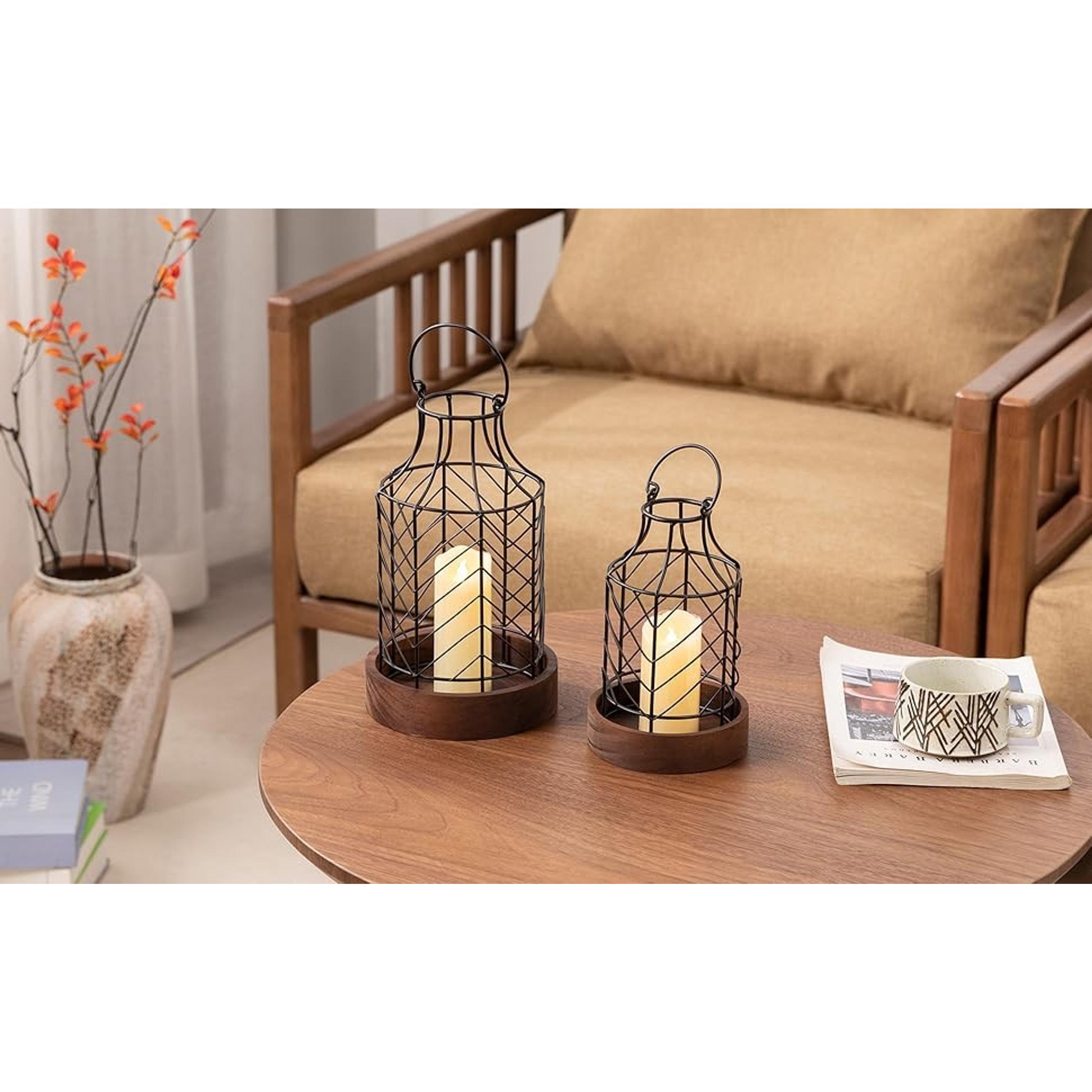 2-Piece Rustic Farmhouse Metal Candle Lantern Set with Lightweight Wooden Base, Home Decor Centerpiece for Living Room, Ideal Gift for Indoor Outdoor Use