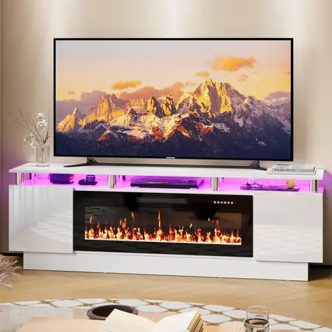 PUKAMI 70 Inches Fireplace TV Stand for TVs up to 80 Inches Console with 36'' Electric Fireplace & Remote, Wooden Modern Entertainment Center for Living Room, Tv Shelf, Room Decor