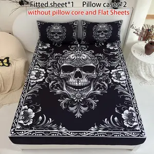 3 Pieces Black Skull Floral Fitted Sheet Set (1 Fitted Sheet + 2 Pillowcases without Pillows) High-Definition Digital Printing, Trendy Cool Bedroom Infused with Gothic Romance, Unlocks Niche Trendy Bedroom Style Bedding Accessories