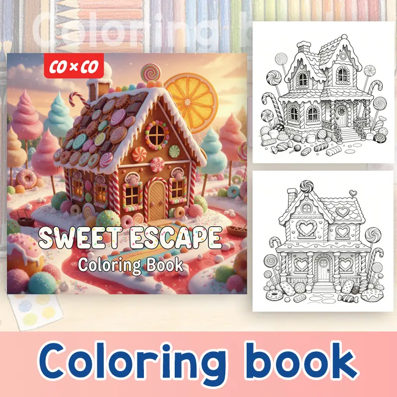 Candy Gingerbread House Coloring Book - Art Supplies with Full Sweet Candy Treat & Fairy Tale Line Drawings, Ink-Resistant Thick Paper, Stress Relief for Adults & Drawing Practice for Kids