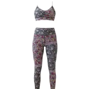 Women's 2-Piece Floral Print Nylon Blend Activewear Set - High-Waisted Yoga Leggings, V-Neck Sports Bra, Fitted Silhouette, Moisture-Wicking Workout Suit