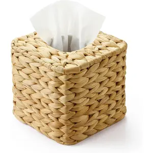 Water Hyacinth Rattan Tissue Box Cover -  Square Tissue Box Cover with Easy-to-Refill Bottom, Wicker Tissue Holder for Bathroom, Living Room - Tissue Cover, Bathroom Tissue Holder