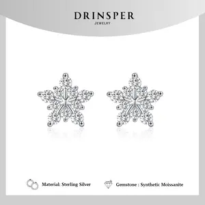 Drinsper S925 Snowflake Dvvs Synthetic Moissanite Stud Earrings for Women Girls Sparkle Sterling Silver Classic Star Earring Suitable for Chrismas Winter Daily Wearing Anniversary Jewelry Gift for Girlfriend Mom