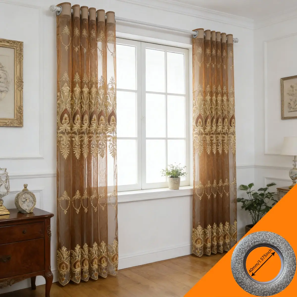 European Vintage Coffee Gold Heavy Embroidery Sheer Curtain, Living Room Floor-To-Ceiling High Transparency Window Shade, Punch Hole Luxury Balcony Curtain (2pcs)