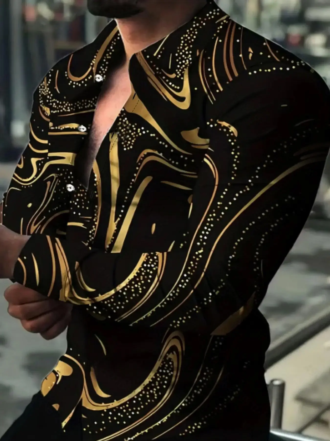 Men's Regular Fit All Over Print Button Front High Low Shirt, Casual Soft Comfy Long Sleeve Collared Top for All Seasons, Streetwear, 2024 New Trendy