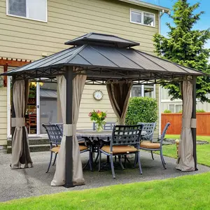 10' x 12' Double Roof Hardtop Gazebo, All-Weather Metal Pavilion with Netting and Curtains, Waterproof Outdoor Shelter for Patios, Gardens, and Decks