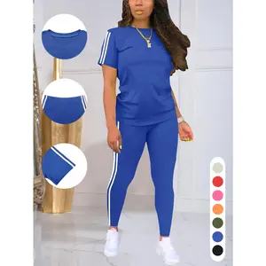 Women's Two-piece Casual Sportswear Set, Featuring A Striped-edge Short-sleeved Round-neck Pullover And A Slim-fitting Striped-edge Pants, Making It A Complete Sportswear Set Four-Season Contrast Yoga Sports Suit