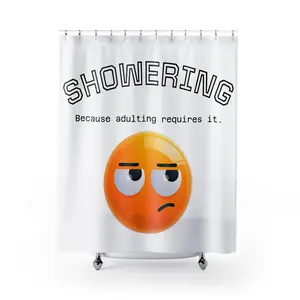 Shower Curtain - "SHOWERING: Because adulting requires it." Funny Emoji Bathroom Decor