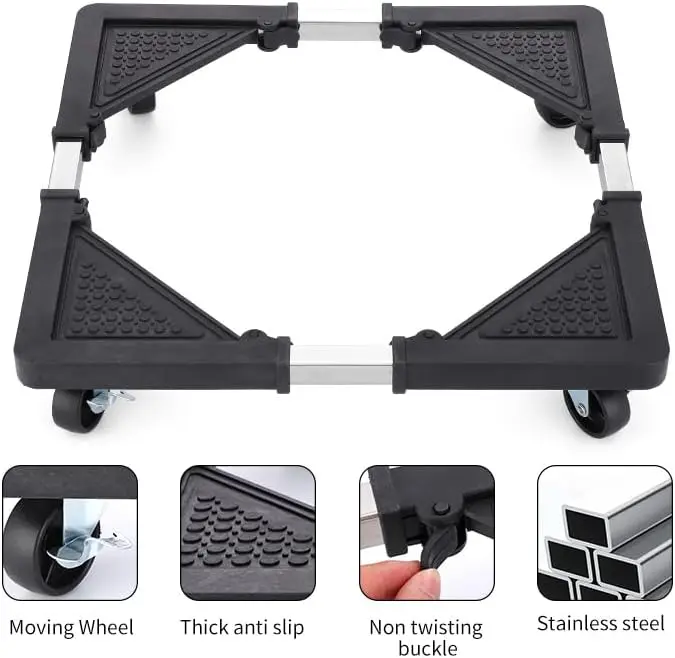 Universal Adjustable Mobile Base for Mini Fridge, Washing Machine - Adjustable Size, 4 Strong ft, 2 Locking Wheels, Easy Moving, Durable Appliance Pedestal