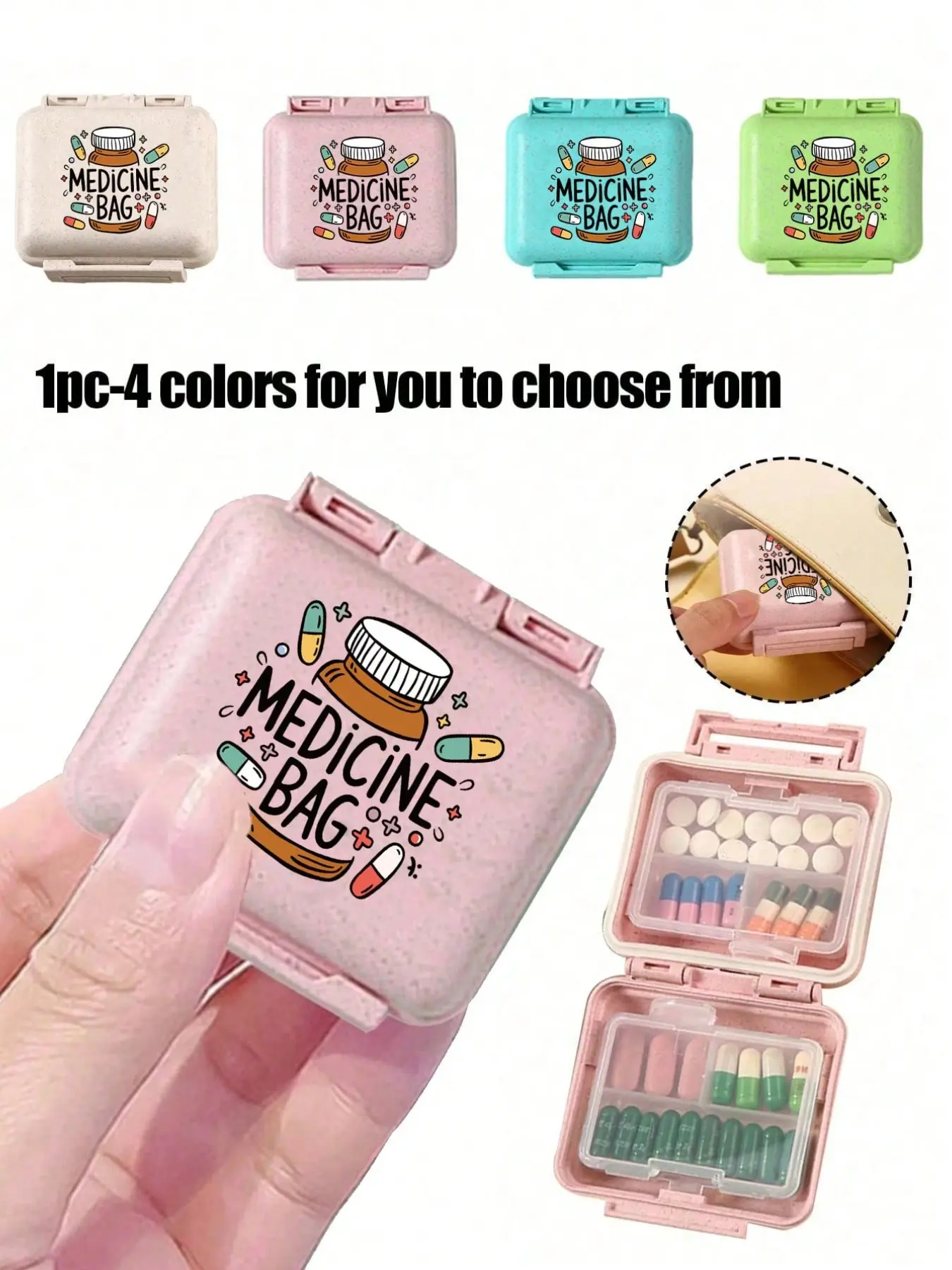 Mini six-compartment portable pill box, medicine storage box, travel pill case, six-compartment small pill box with 'medicine bag' and pill patterns, sealed storage box for pills, six-day weekly pill organizer, Vitamin Organizer, Supplement Organizer