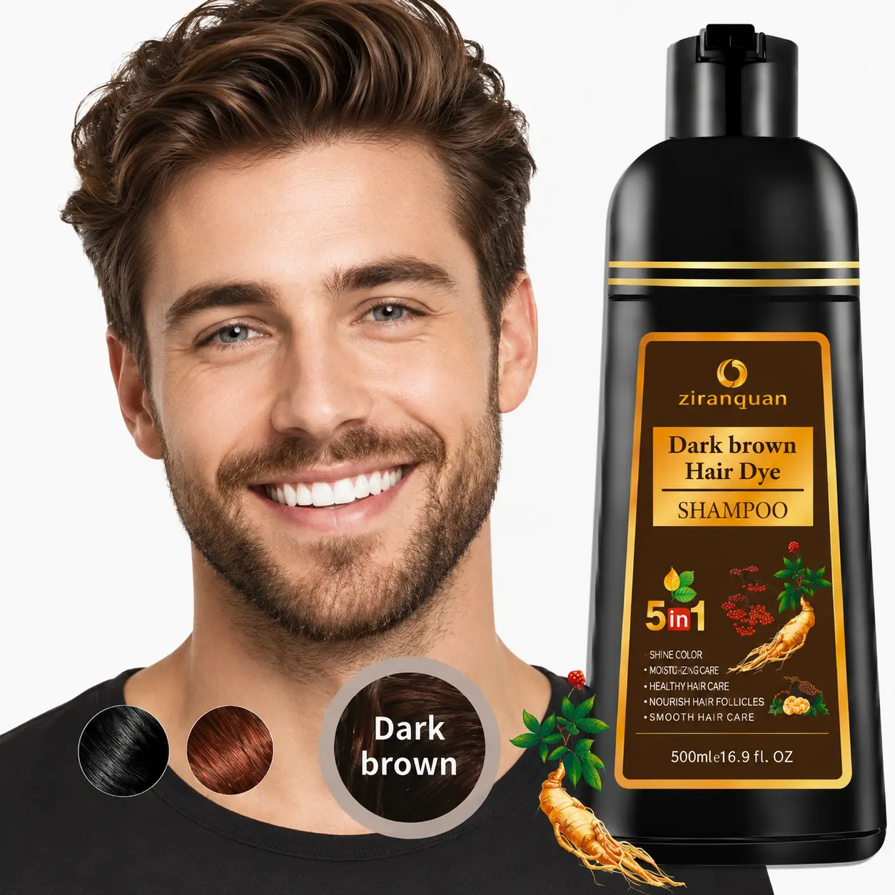 5 in 1 Dark Brown Hair Dye Shampoo for Resistant Gray Hair, Fast 10 Min At Home Color Kit, Organic Ginseng & Herbal Extracts, Ammonia Free Sulfate Free Color Depositing Shampoo for Women & Men, Dual Use Beard & Hair Color 500ml 16.9fl oz