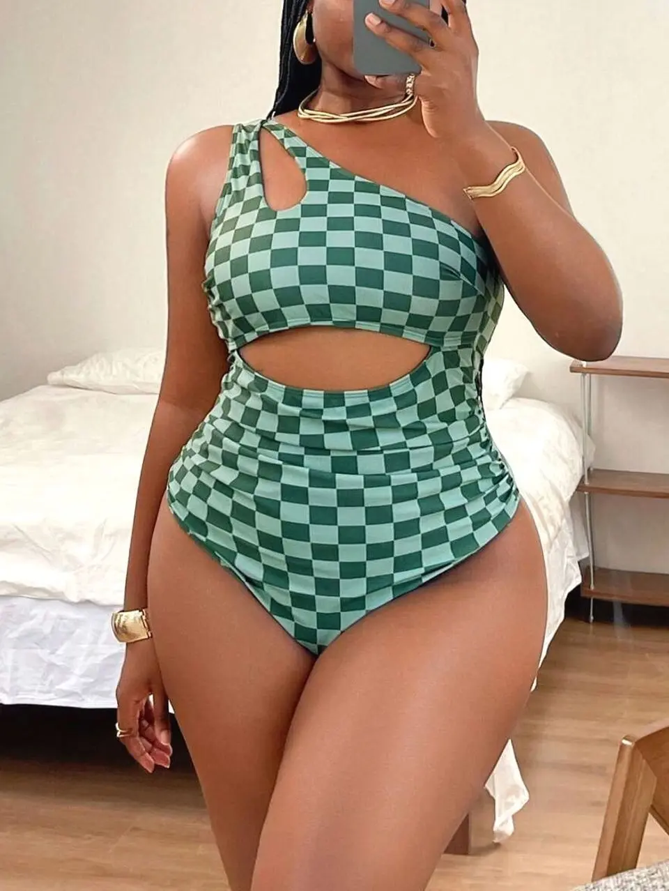 Plus Size Plaid One-Shoulder Swimsuit Slimming Beach Vacation
