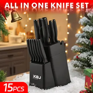 XBJ Premium 15-Piece Stainless Steel KitchenKnife Set with Built-in Sharpener |includes ChefKnife, Japanese Knife, Meat Cleaver, Bread KnifeSteak Knives & Scissors|Washable, PlasticHandles | Perfect Gift Set,Block,  Black   Stainless steel cutlery set