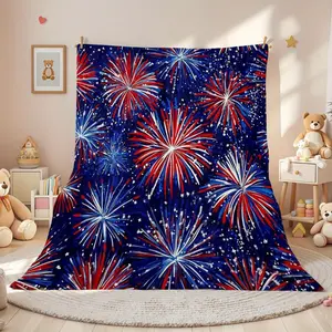 Patriotic Fireworks Cooling Blanket for Couch Bed, Lightweight Plush All Season Nap Blanket, Portable Travel Camping Car Office Throw Blanket, Durable Wrinkle Resistant Printed Blanket, Ideal Daily Use & 4th of July Home Decor Gift