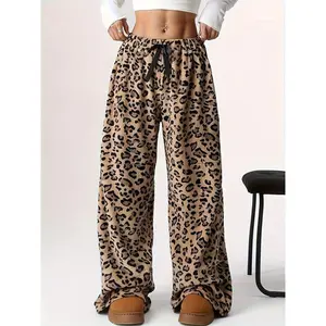 Leopard print drawstring pants, fuzzy teddy straight leg pants, autumn and winter, women's clothing
