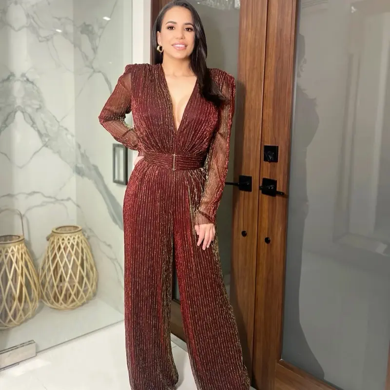 Golden Red Metallic Mesh Crinkle Jumpsuit Rompers Long Sleeve Womenswear Comfort with Adjustable Belt, Available in Red and Gold, 95% Polyester & 5% Spandex - Overalls