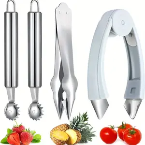 4pcs Vegetable and Fruit Pierced Fruit Ball Cutter Stainless Steel Peel Remover Pineapple and Strawberry Shell Remover Fruit Shell Remover Multifunctional Fruit Cleaning Tool High-quality Materials Practical Kitchen Tools kitchen utensil gadget