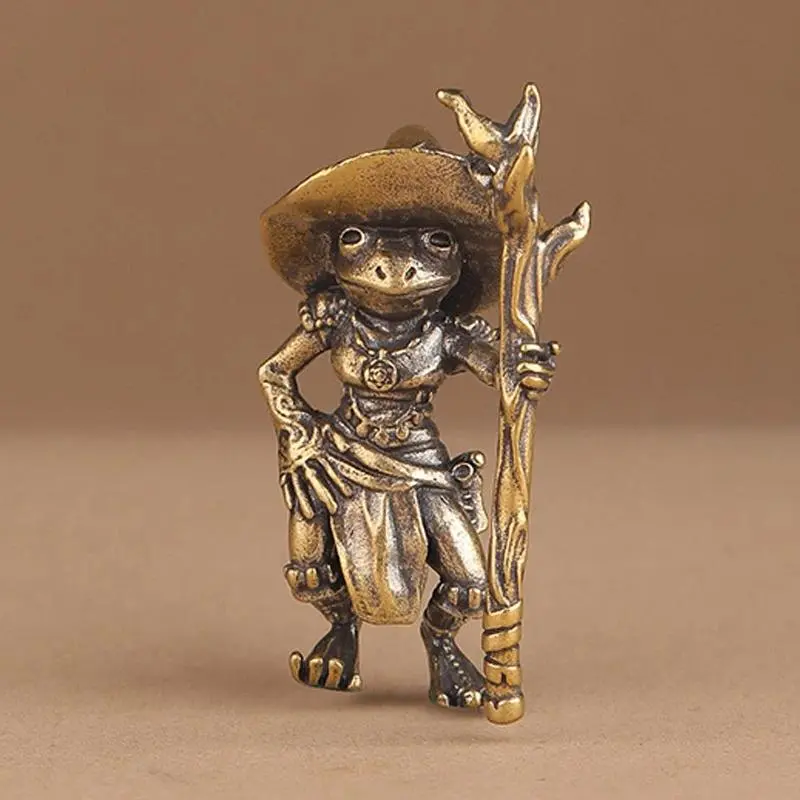 1PC Antique Brass Frog Wizard Statue, Casting Metal Collectible Miniature Figurine, Artistic Sculptural Desktop Ornament for Home & Office Decor, Collectible Figurines