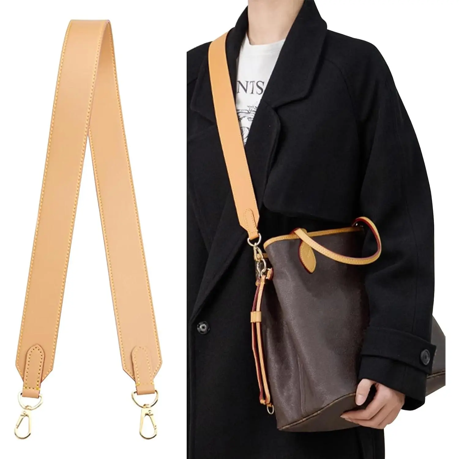 Ankes Genuine Vachetta Leather Replacement Shoulder Strap, 26 In, Light Gold Buckle, Compatible With Neverfull Tote