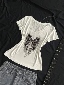TikTok Viral 2026 Women's Gothic Angel Wings Graphic V-Neck T-Shirt，Y2K Grunge Aesthetic Short Sleeve Slim Fit Tee，Daily Wear - Trendy Dark Academia Punk Top for Teen Girls & Young Women，2026 Alternative Fashion Summer Outfit