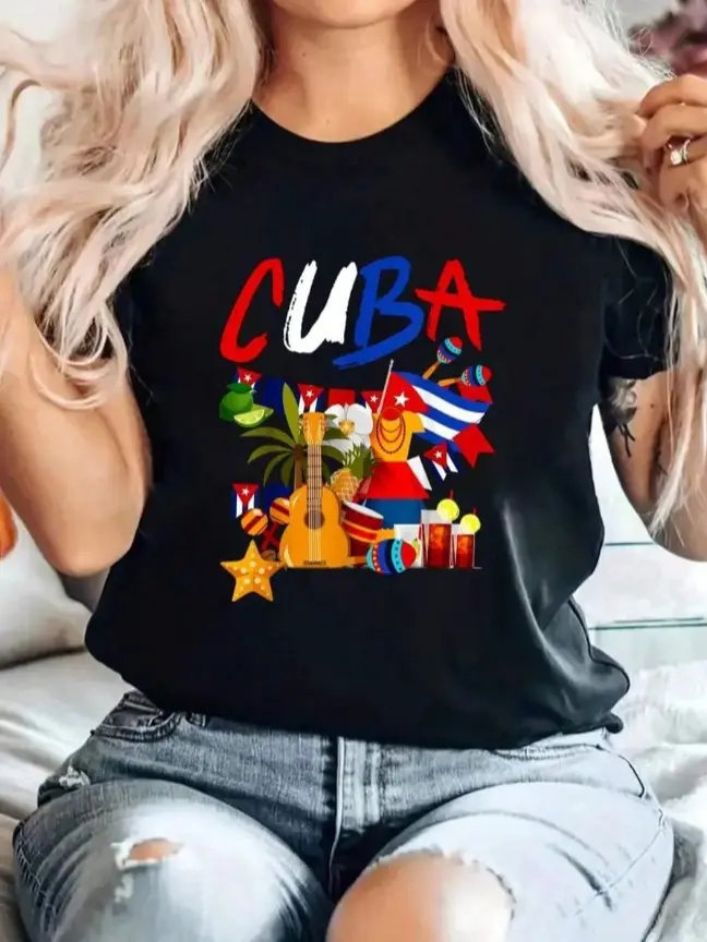 Cuba Tropical Flag Guitar Illustration Graphic Womens Tee Holiday Travel Latin Themed Party Summer Cotton Short Sleeve Vacation Heat Transfer Tshirt