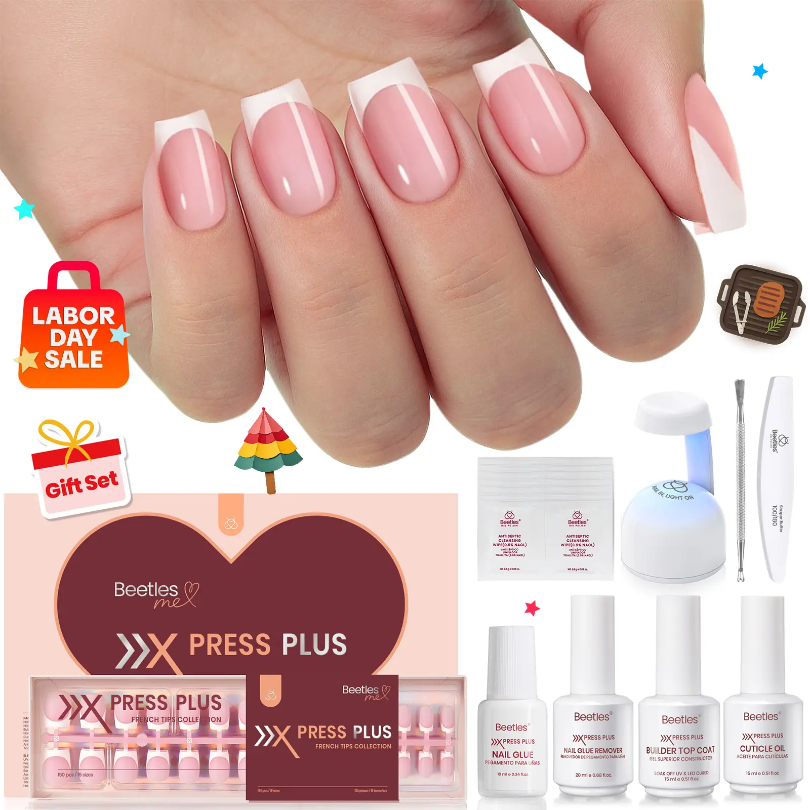 Beetles X Press Plus-Lite Kit French Tips Square Almond French Tip Press on Nails with Nail Glue Builder Top Coat Squoval Press on Nails DIY Manicure