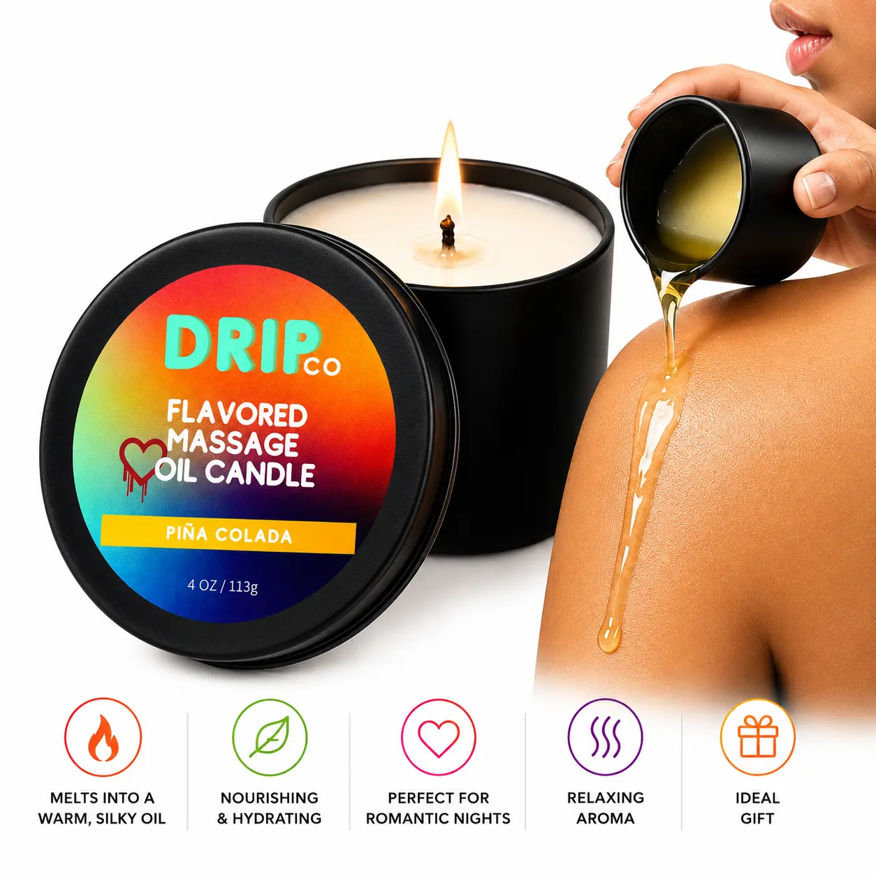 Drip Co Coconut Scented Silky Soy Wax Massage Oil Candle (4 Oz) - Luxury Aromatherapy Blend, Vanilla & Shea, Nourishing Body Care, Calming Aromatic Ambiance, Hand-Poured USA Self-Care Gift