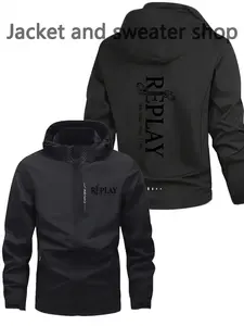 Men's Lightweight Polyester Fashion Hooded Jacket, Replay Print, Full Zipper Front, Casual Outdoor Spring Summer Coat