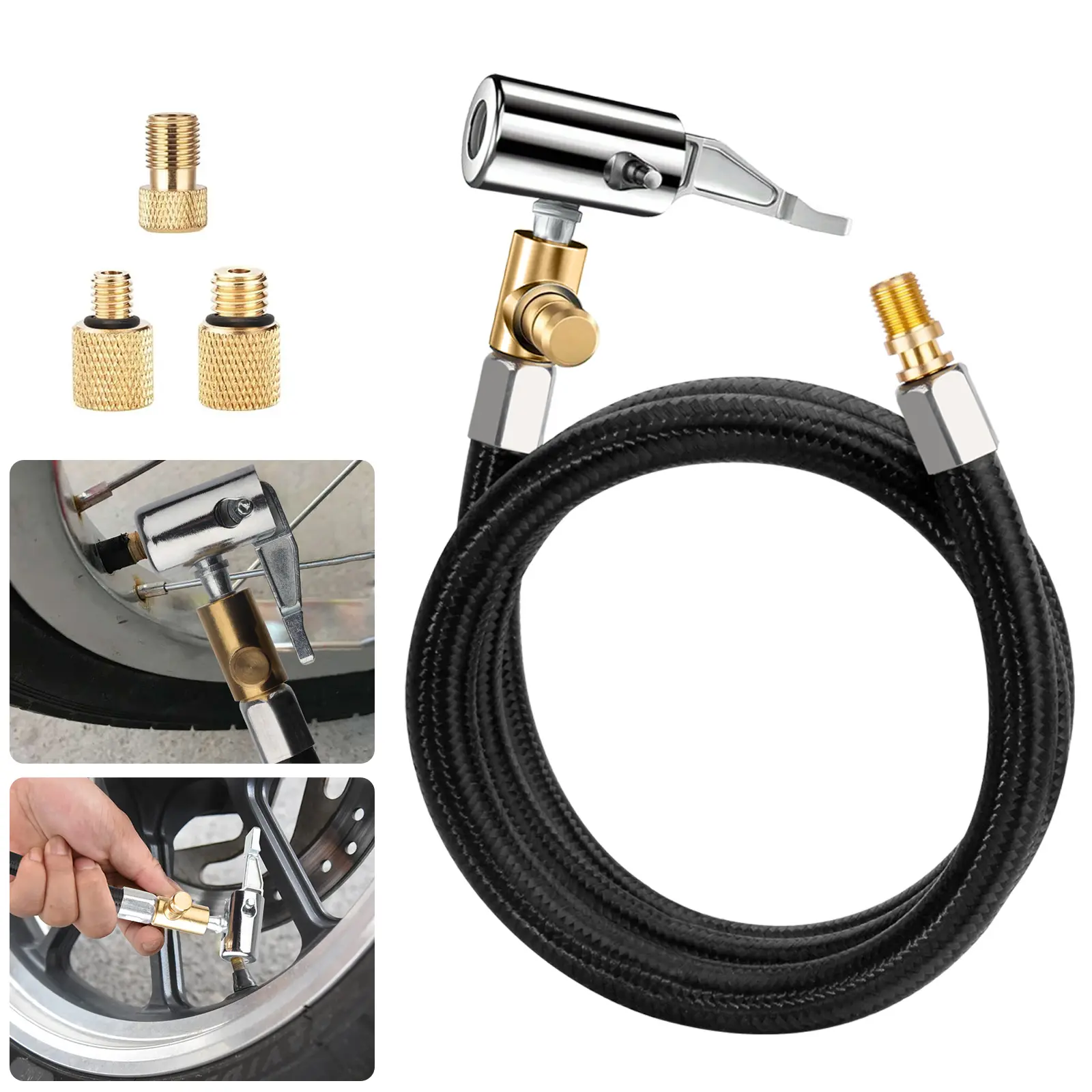 31" Tire Inflator Hose Adapter with Converting Nuts -  Lock On Air Chuck with Hose and Tire Schrader Valve Fine Thread, for Tire Pump's Twist On Convert to Lock On Connection