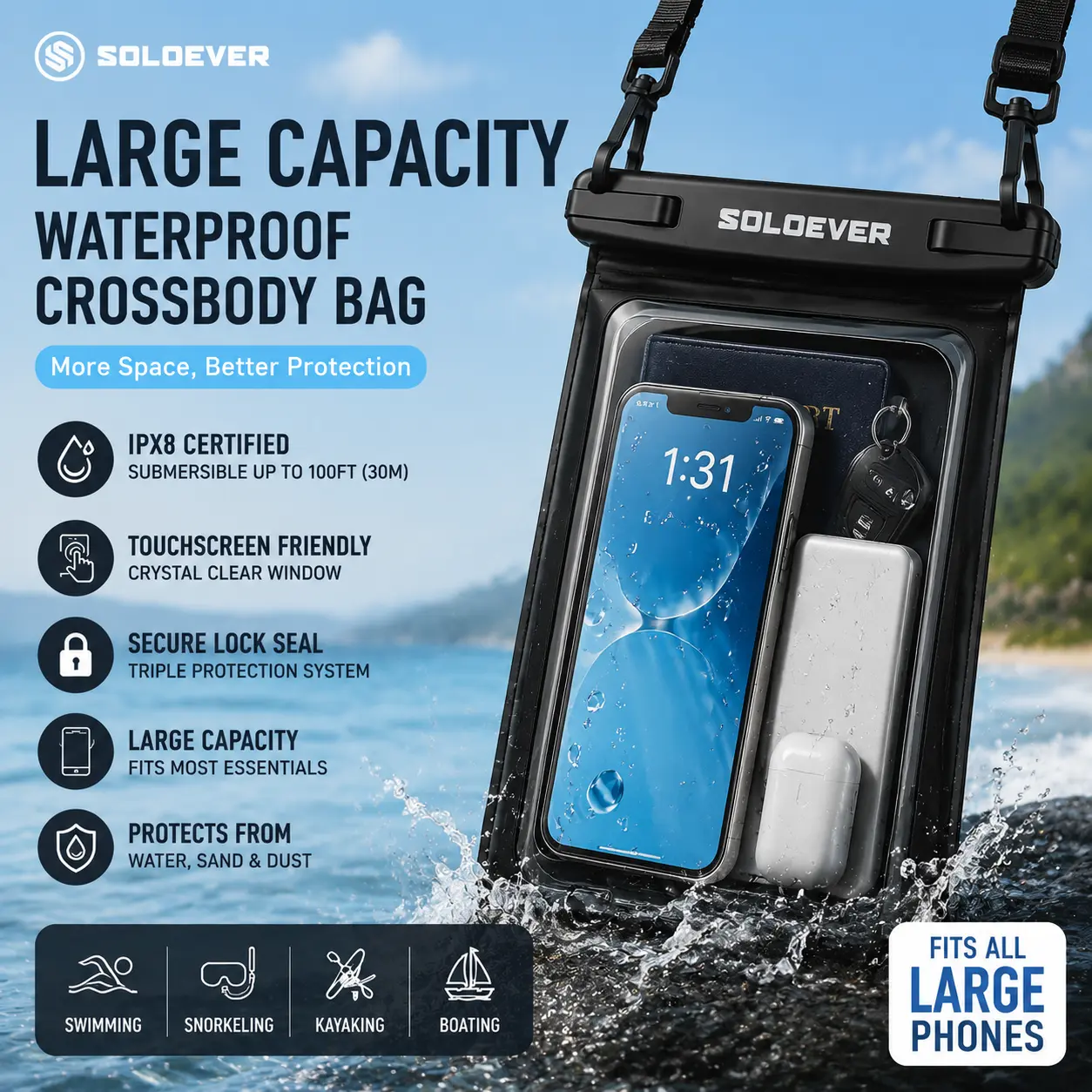 SOLOEVER Waterproof Pouch, Unisex Large Capacity Floating Fanny Pack with Dual Compartment & Sensitive Touchscreen, Boating Accessories for Swimming & Travel, Travel & Outdoor Adventures, Kayaking, Ipx8 Rated, Larger
