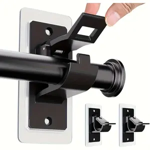 Two Sets Of Curtain Rod Brackets Without Drilling, Self-adhesive PET Curtain Rod Brackets, Free Nail Curtain Rod Hooks For Bathroom And Living Room, Black