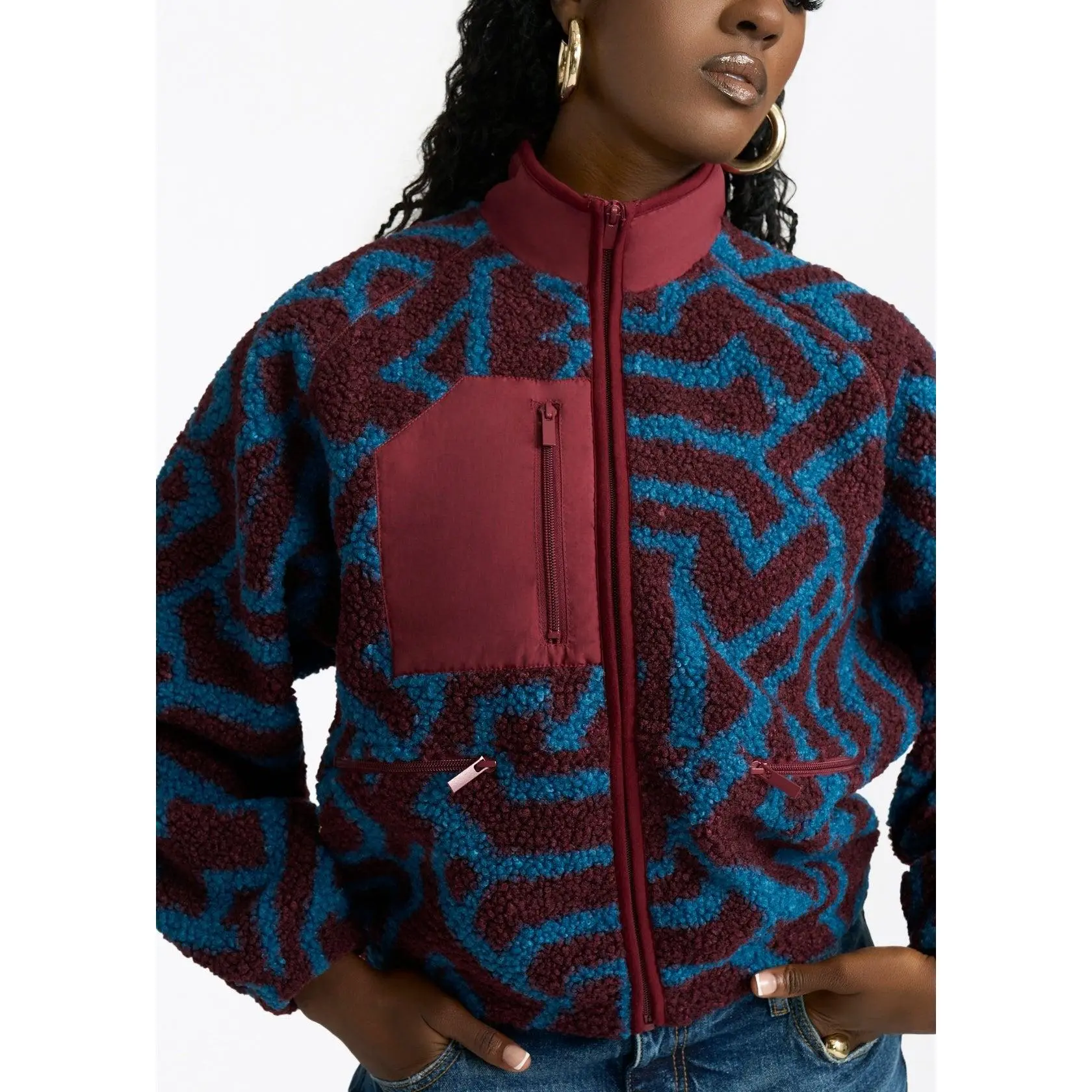 Sisi Women's African Print Teddy Fleece Jacket (Maroon Teal Tribal)