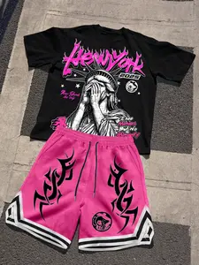 Two-Piece Set Men's Casual Letter Graphic Round Neck Shortsleeve Fitted T-Shirt And Shorts Set, Summer Graphic Tees Streetwear