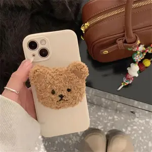 3D Cute Warm Plush Bear For Magsafe Magnetic Phone Griptok Grip Tok Stand For iPhone Wireless Charging Holder Bracket Ring Cellphone Mount Smartphone Accessories Cellphone