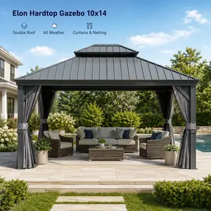 Elon Hardtop Gazebo 10x14 Outdoor Permanent Gazebo with Galvanized Steel Double Roof Aluminum Frame Curtains and Netting for Patio Garden Backyard All Weather Heavy Duty Metal Gazebo Pavilion for Outdoor Living Deck Shade Solution