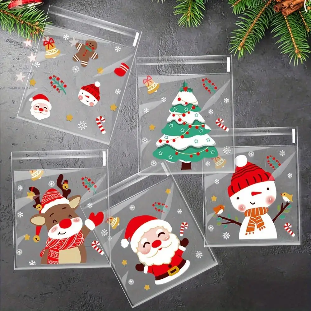 Random Pattern Christmas Themed Candy Bag, 100pcs/set Self Adhesive Candy Cookie Bag, Gift Wrapping Bag for Holiday Party Birthday
