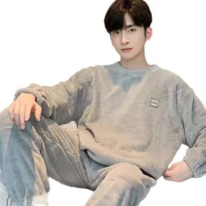 Men's Thickened Coral Fleece Long-Sleeve Korean-Style Pyjamas - Menswear Casual Nightwear, Suitable for Students, Outdoor-Wearable Cartoon Loungewear