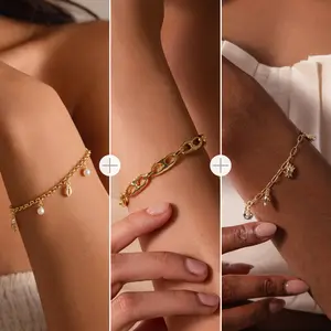 Beach Bracelet Set by Caitlyn Minimalist - Set of 3: Ocean Charm Bracelet, Bold Mariner Bracelet, & Seaside Pearl Bracelet - Summer Stacking Bracelet Set in Gold & Silver - Gift for Her