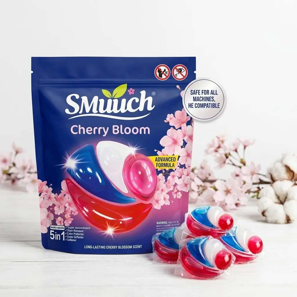 50 laundry detergent pods, 5-in-1: long-lasting fragrance, antibacterial, mite removal, powerful stain removal, cherry blossom scent