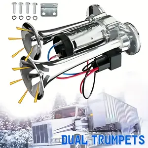 Super Loud 130DB Dual Trumpet Air Horn & Compressor Kit Complete 12V Upgrade for Car Truck SUV Motorcycle Easy DIY Installation Heavy Duty Zinc Alloy Chrome Game Changer