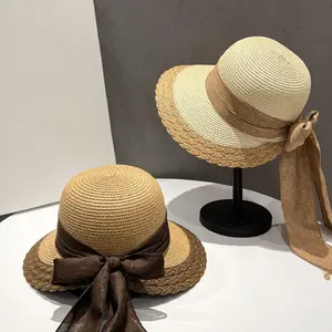 2025 Summer Women Large Bow Straw Hat PortableFoldable Holiday Beach Sun Visors Hand WovenSolid Color Female Sunshade Bonnet Cap