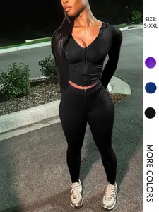 Women's Solid Color Zipper Hoodie and Fitted Long Pants Set, Comfortable Full Sleeve for All Seasons, Stylish Two-Piece Tracksuit, Casual Workout Loungewear, Sweatsuit Sets