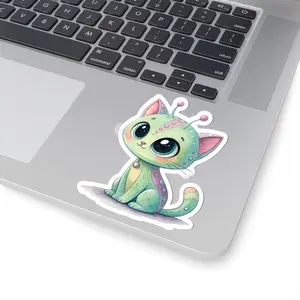Alien Cat Kiss-Cut Sticker — Cute Green Space Kitty Laptop Decal