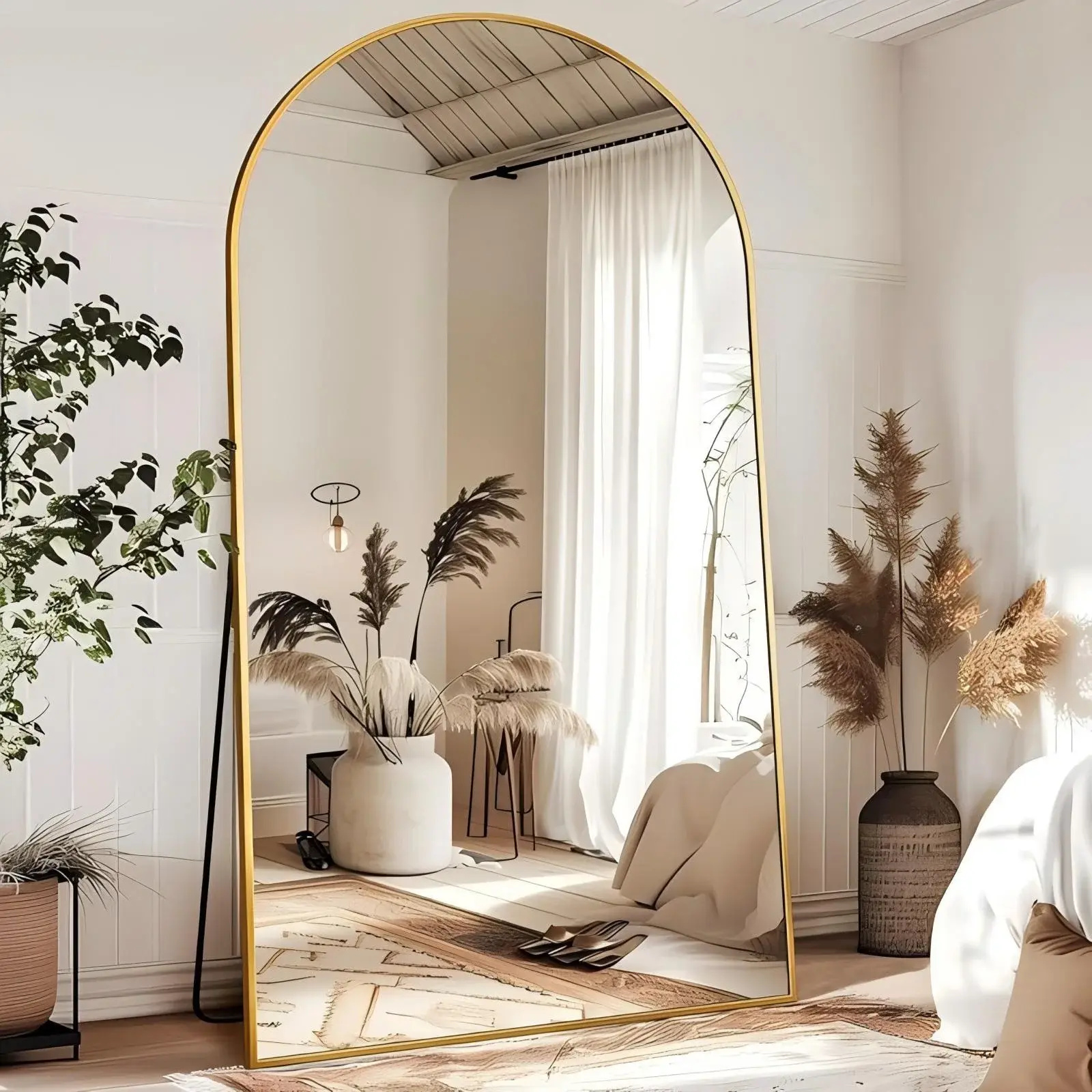 GRAHMCY 78"x35.2" Arched Full Length Mirror, Large Floor Mirror Full Body Standing Mirror, Gold Aluminum Frame, Shatterproof, Free Standing/Wall Mounted/Leaning for Bedroom Living Room
