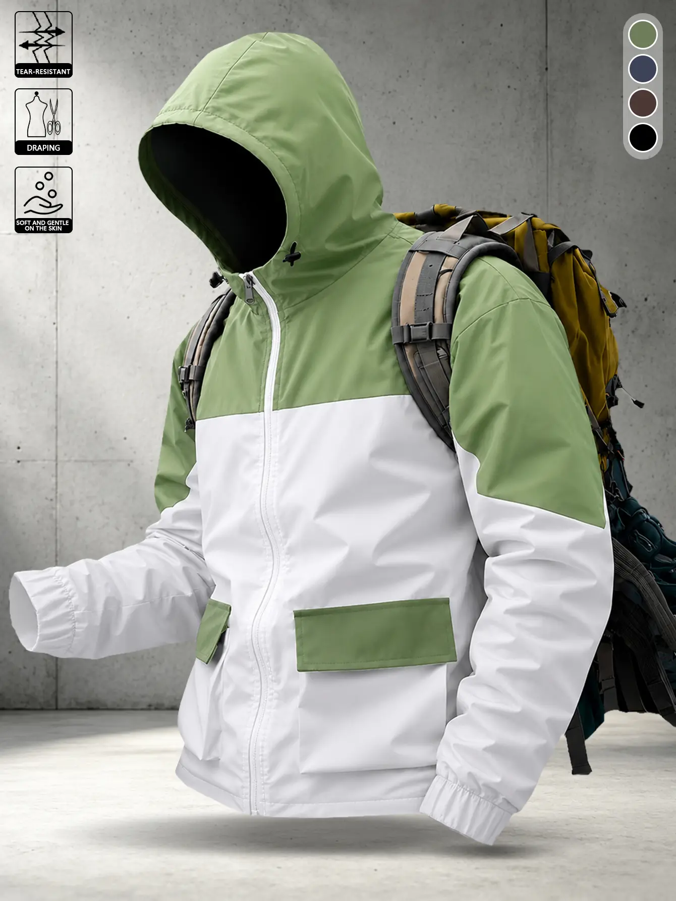 Men’s color-block hooded lightweight waterproof jacket, full-zip outerwear featuring an adjustable drawstring hood; suitable for mountaineering, hiking, outdoor camping, fishing, climbing, various outdoor activities, and everyday casual commuting wear.