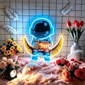 Astronaut Eats Burger Neon, Artwork Handmade Moon Led, Astronaut Sign Family Bedroom Wall Decoration Party Bar, UV Printed Neon Art, Wall Decoration, Shop, Club Garage Bedroom, Home Art Decoration