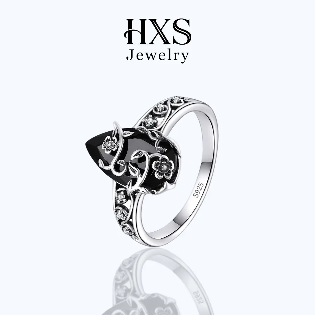 HXS Vintage Black Onyx Flower Ring | 925 Sterling Silver Gothic Jewelry | Vintage Teardrop | Gift For Her