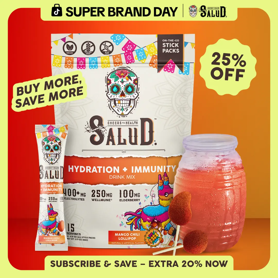 Salud 2-in-1 [Hydration + Immunity] Electrolytes, Immune Support, Dairy & Soy Free - 400mg Electrolytes, 250mg Wellmune, 100mg Elderberry - Healthcare, Vitamin (15 Servings), Coconut, Sugar